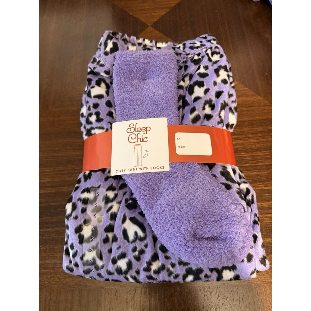 Sleep Chic Fleece Pajama Pants w/ Socks Purple Cheetah Animal Print Size S - Picture 2 of 6